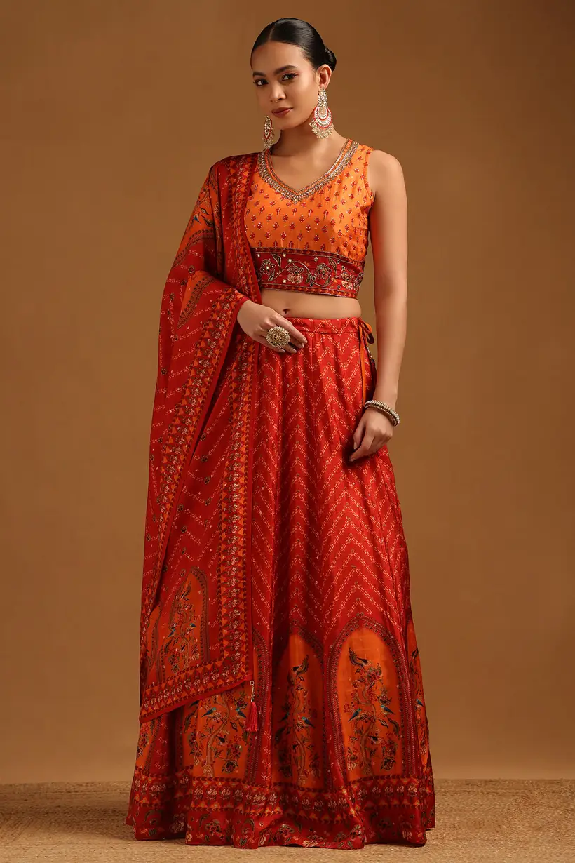 Orange Russian Silk Floral Lehenga With Stone Work